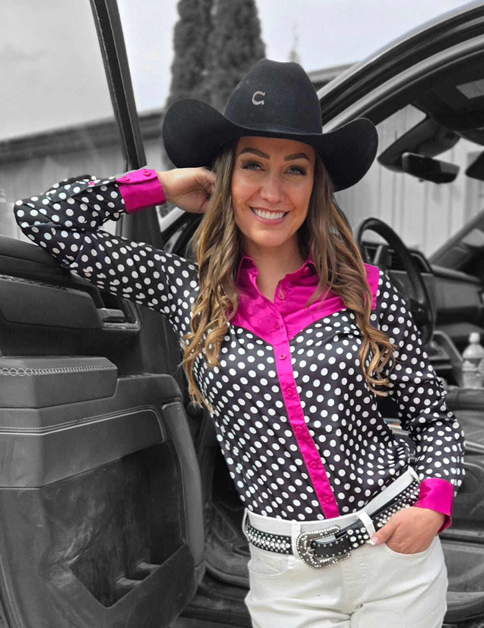 Pullover Button Up (Black And White Polka Dot With Hot Pink Satin Lightweight Stretch)