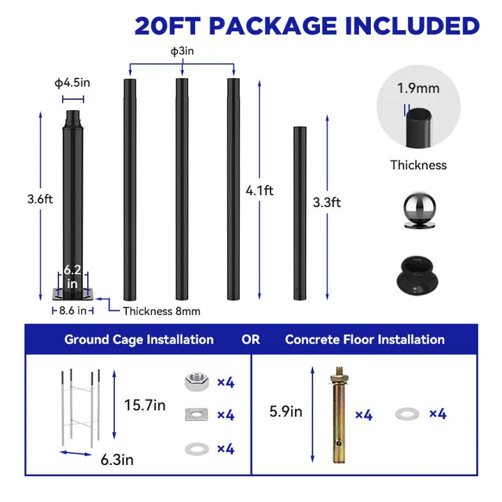 20Ft Commercial Grade Street/Parking/Flag Light Pole, Aluminum + Cage 1-Pack