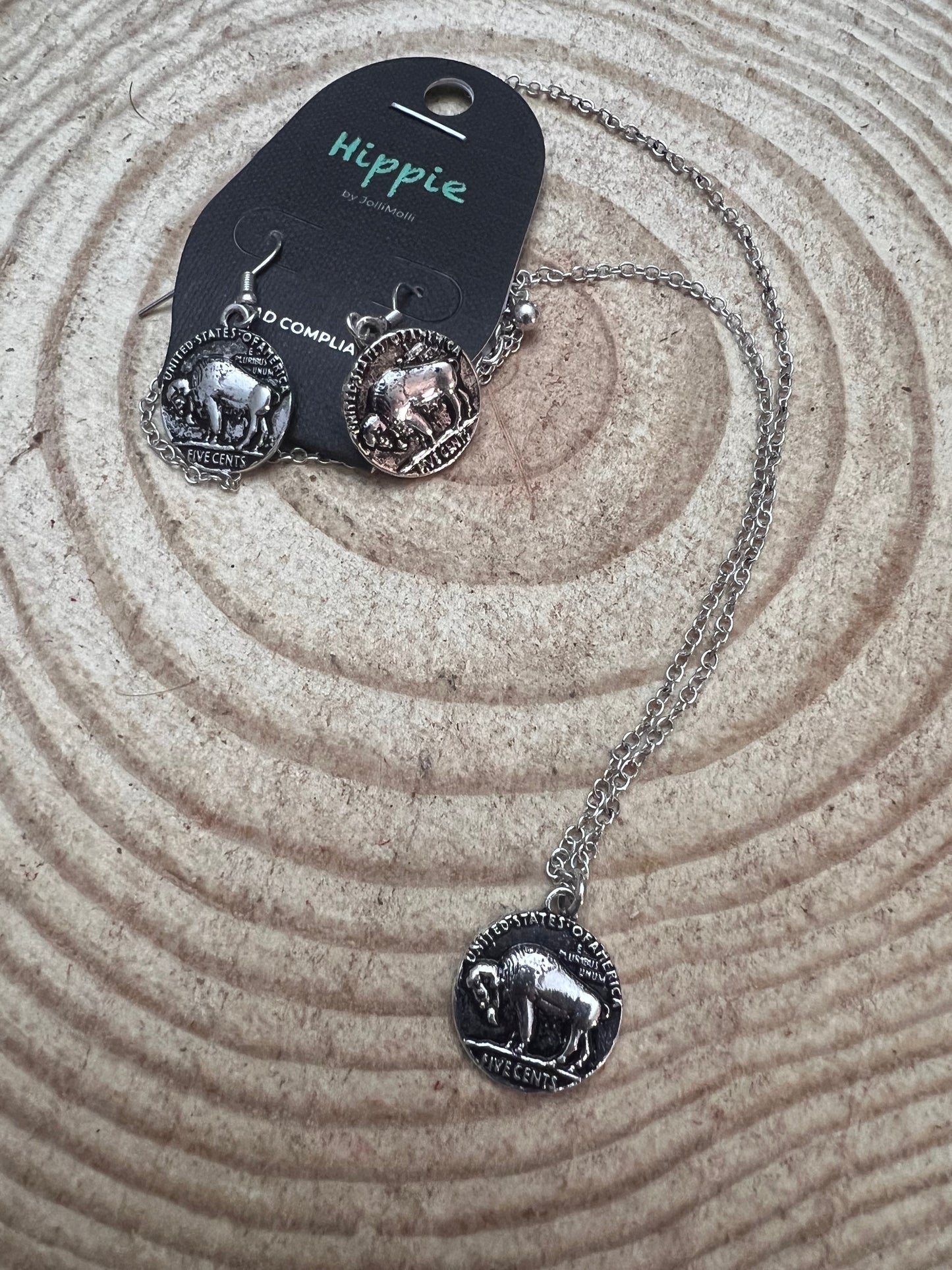 Western Buffalo Coin Necklace & Earring Set - 18 inch