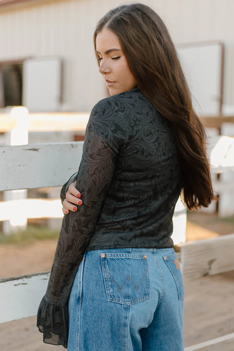 Tooled in Black mesh with bell sleeve
