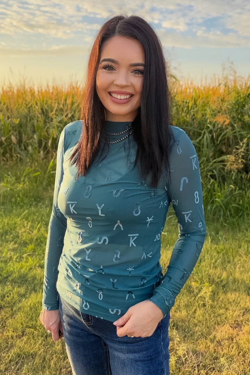 Branded Turquoise velvet mesh top