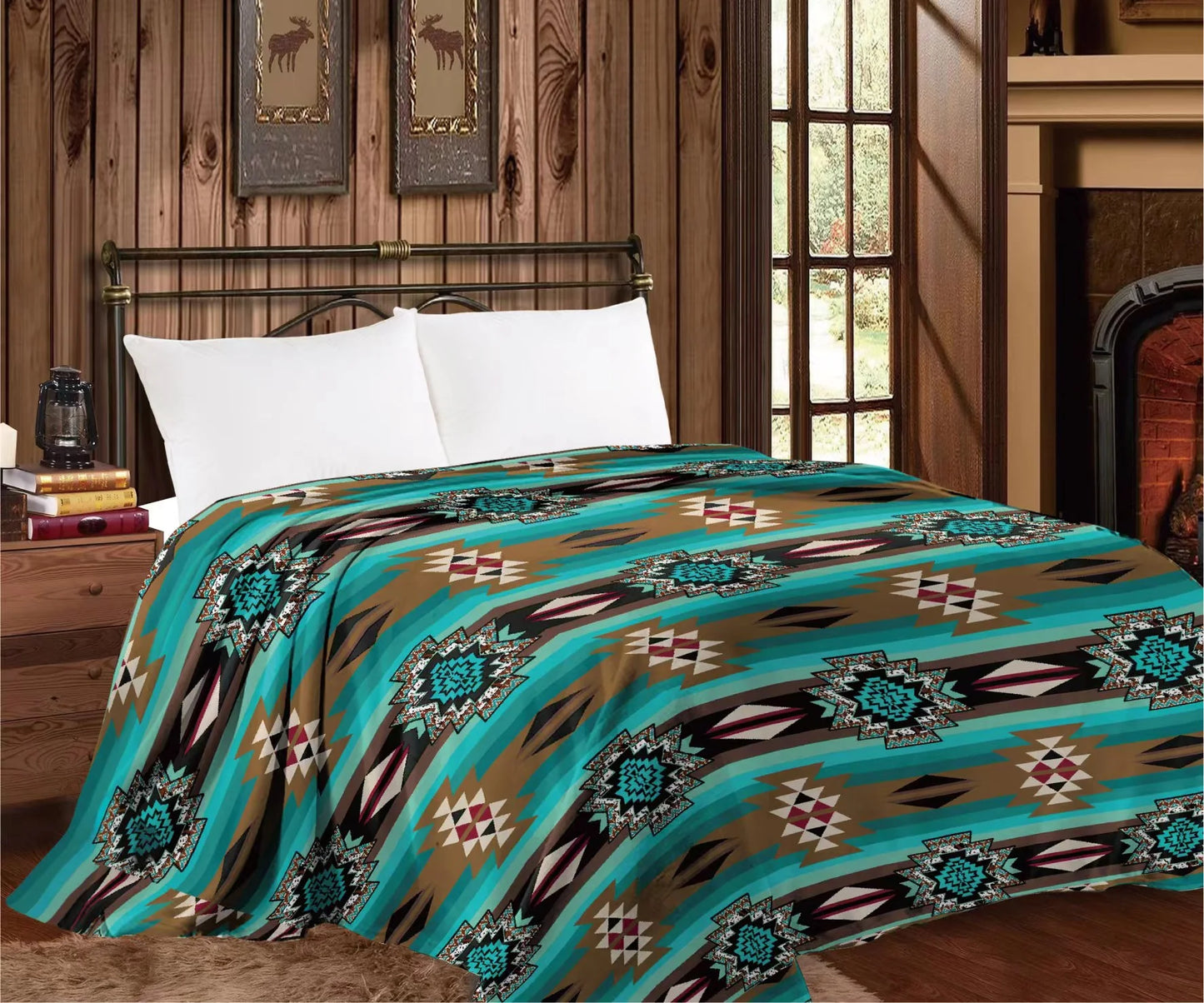 Turquoise & Brown Aztec Queen Blanket