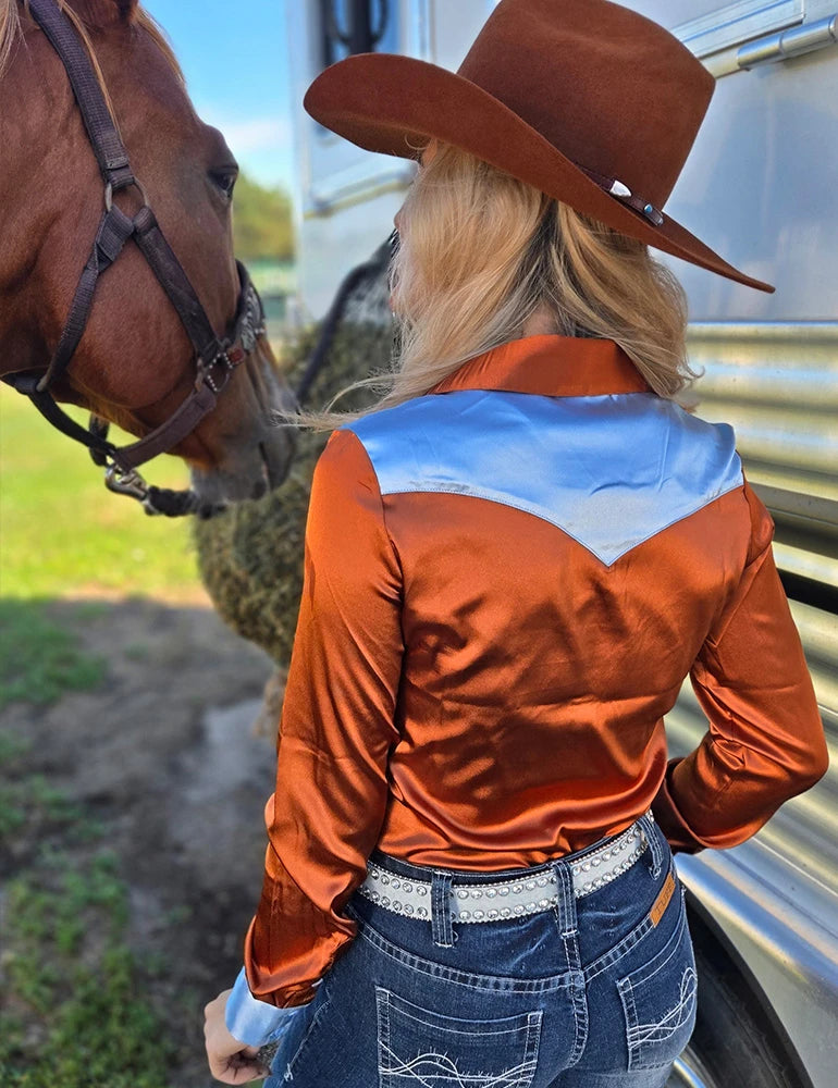 Cowgirl Tuff Company Rust & Blue Satin Retro Buckin Horse Pullover Button Up