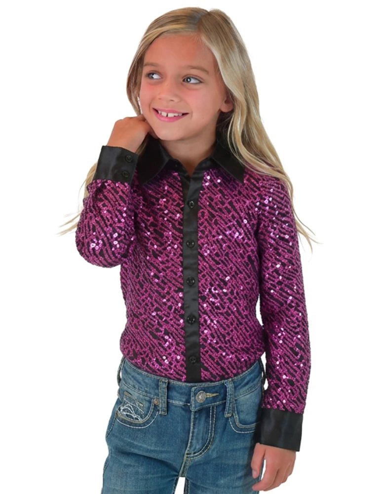 Cowgirl Tuff Company GIRLS Pink Sequin Swirls On Black Jersey Pullover Button Up With Black Satin Collar