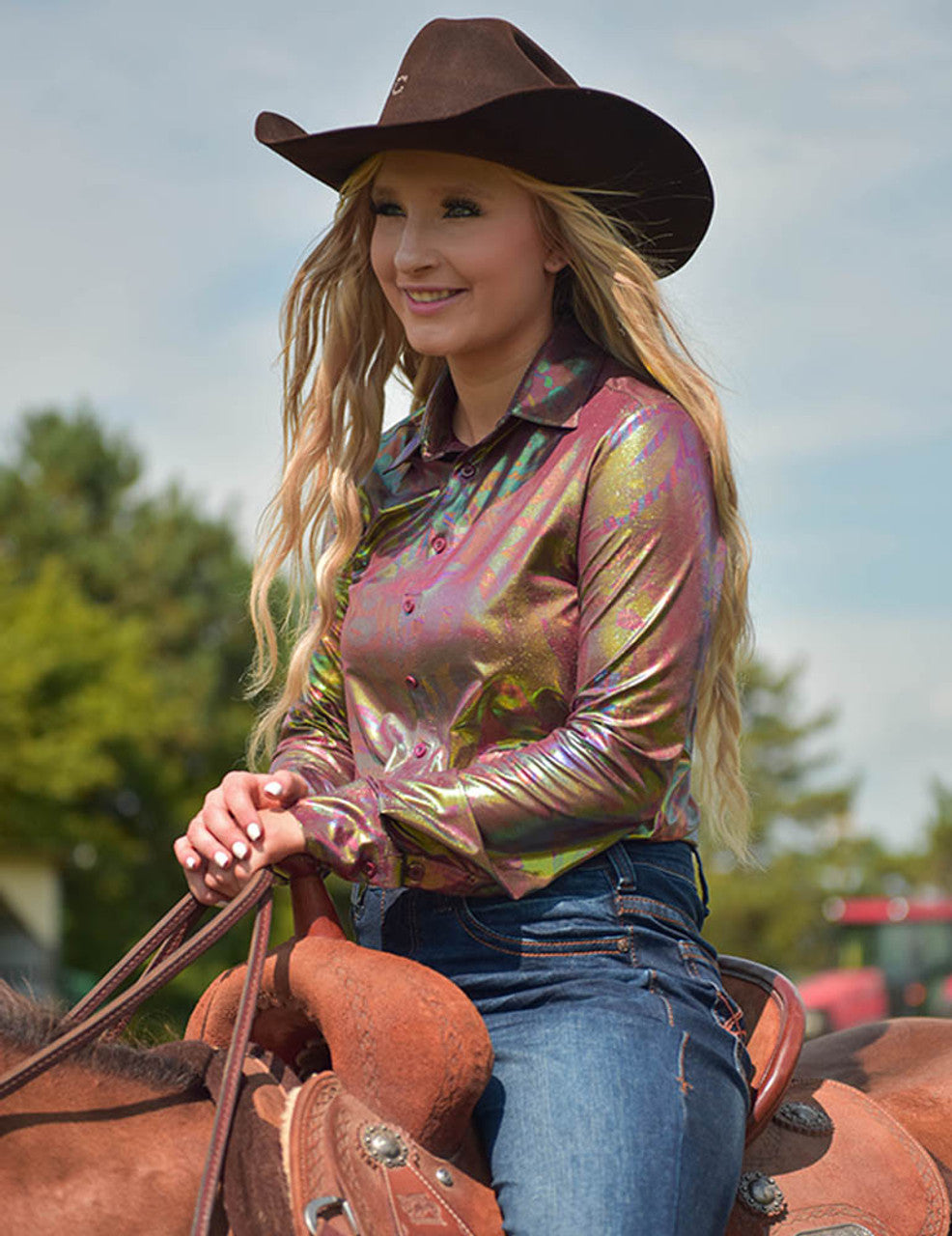 Pullover Button Up (Burgundy Metallic Foil Lightweight Stretch Jersey) Cowgirl Tuff