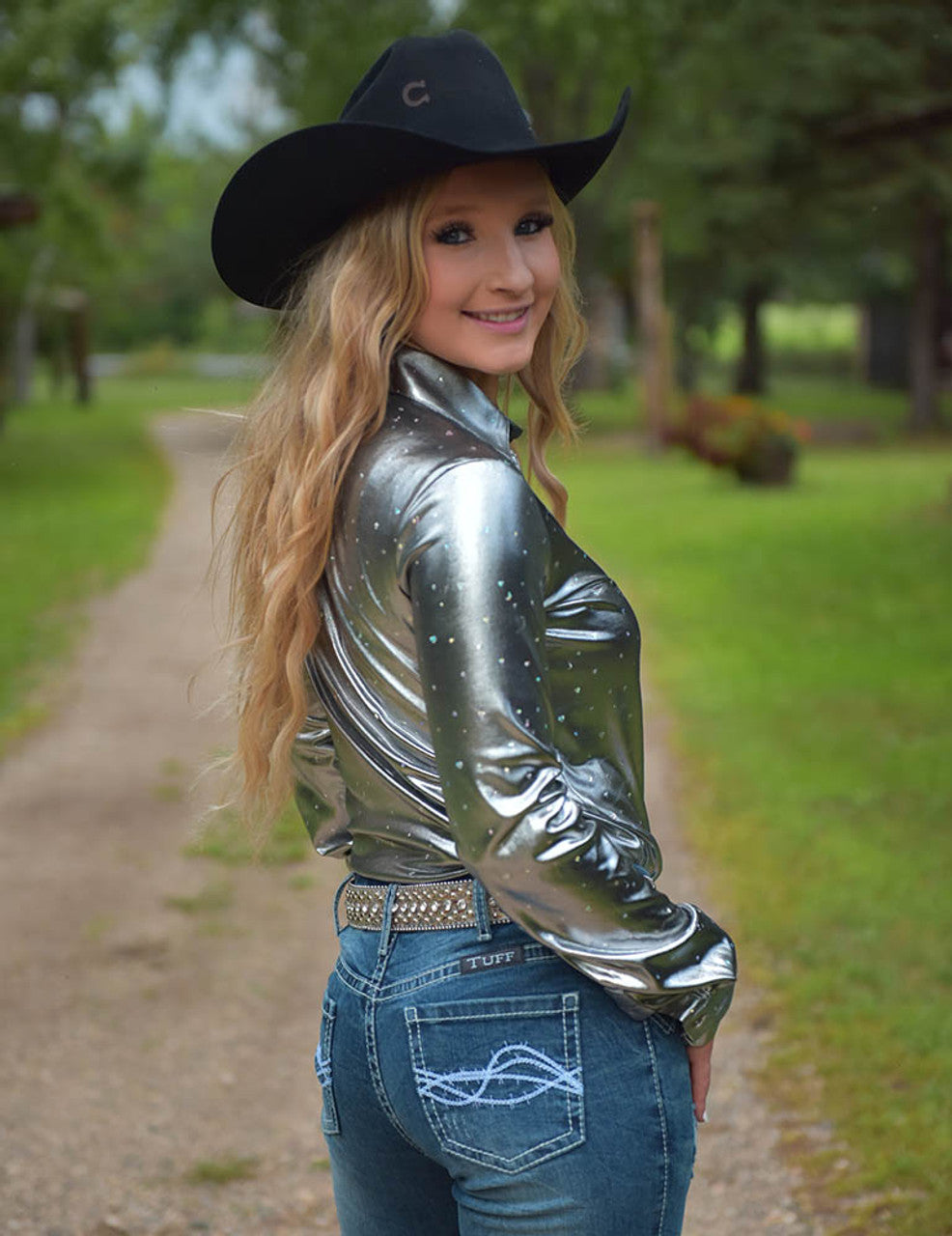 Pullover Button Up (Dark Silver With Silver Foil Heart And Stars Lightweight Stretch Jersey) Cowgirl Tuff