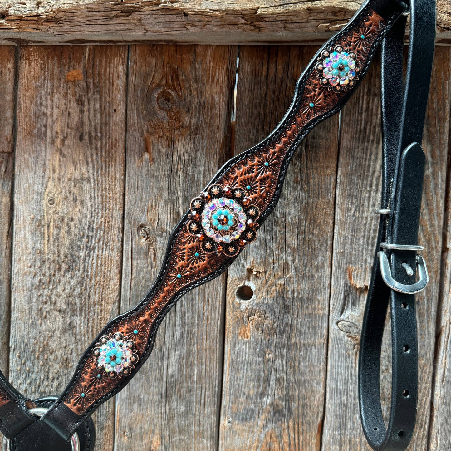 Teal Diamond Topaz and Turquoise Browband / One Ear - Breastcollar Tack Set #BBBC650