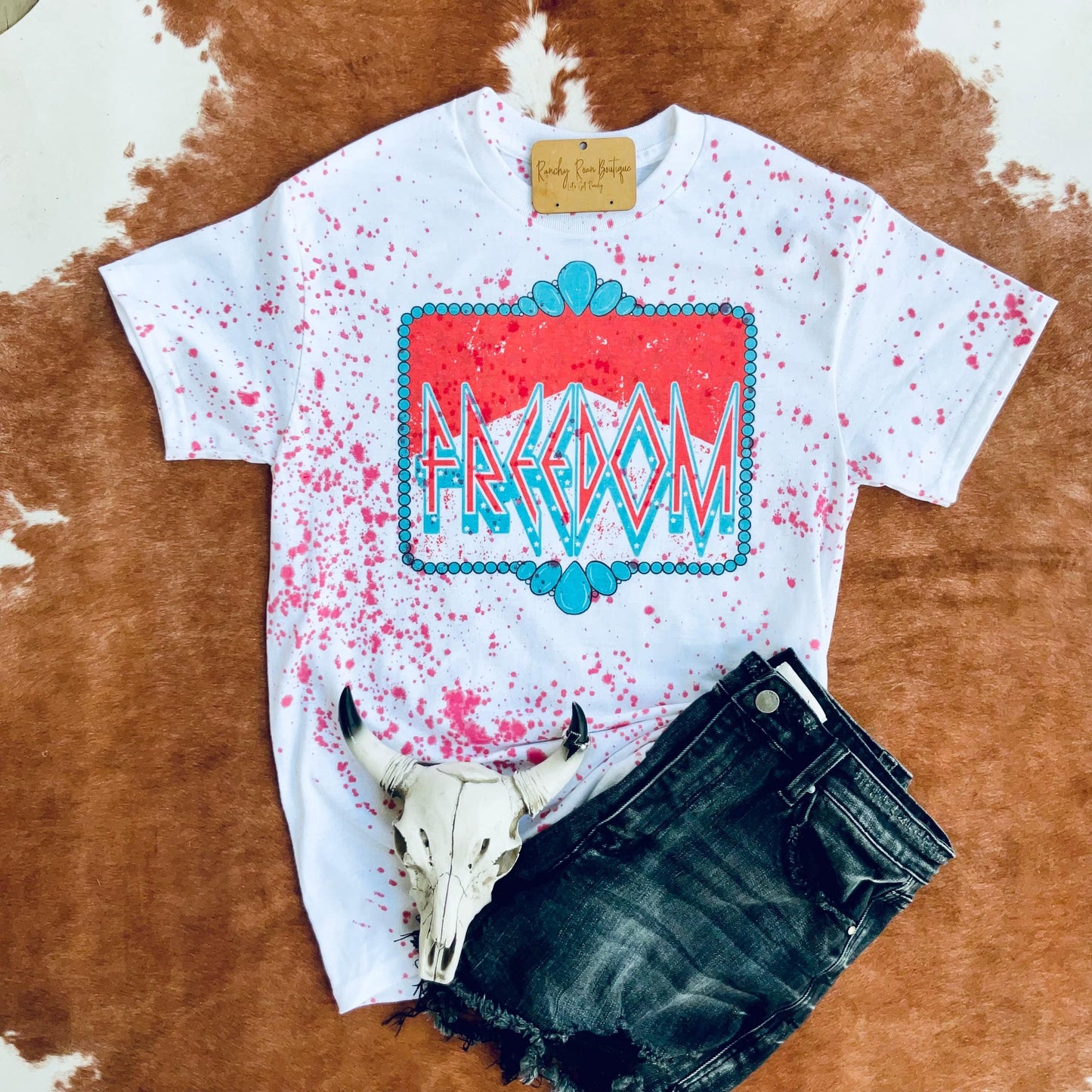 Distressed Turquoise Freedom Retro Western Graphic Tshirt
