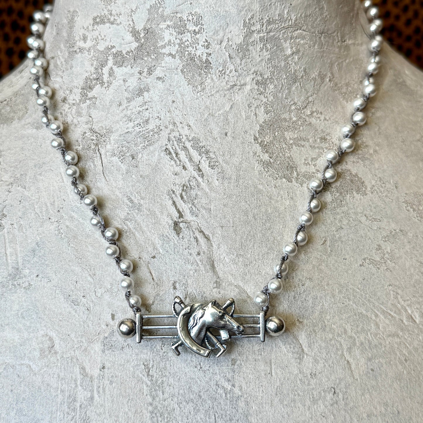 Sterling Gate Horse and Horseshoe on Pearls Necklace