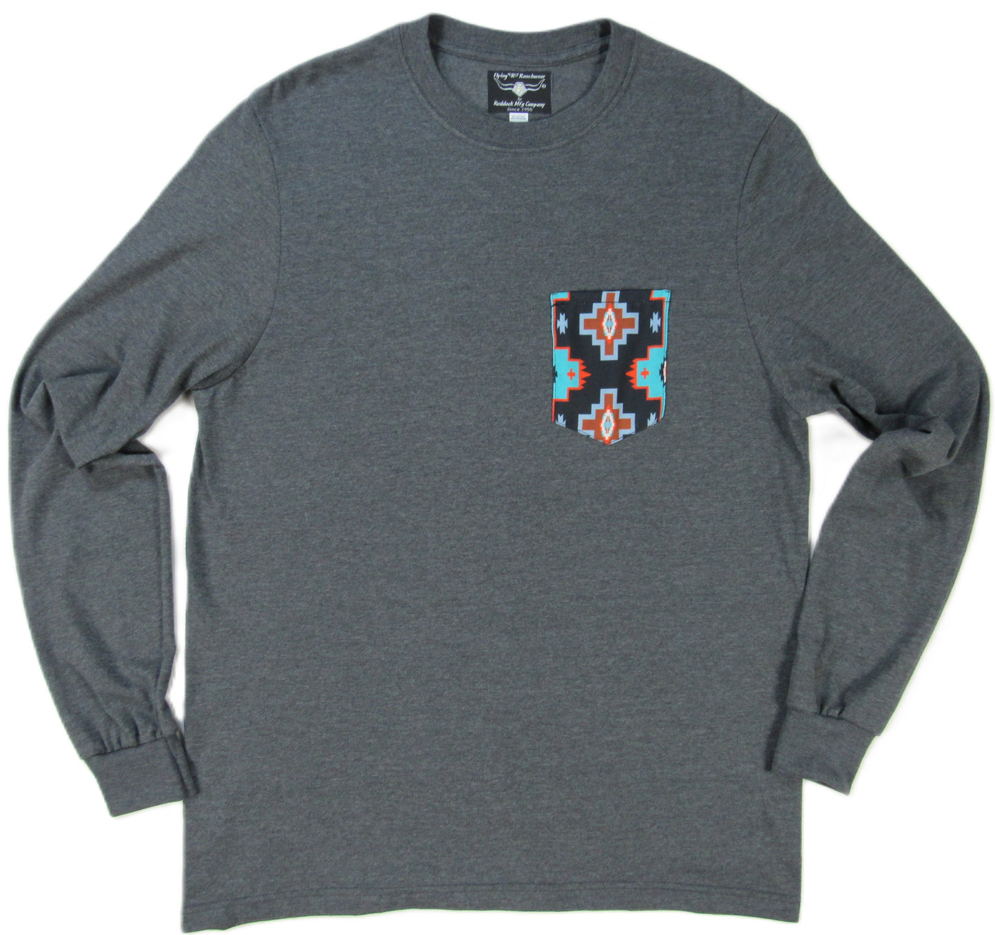 Flying R Ranchwear - Gray Heather with Southwest Print - Long Sleeve - Pocket T-shirt - Made in USA