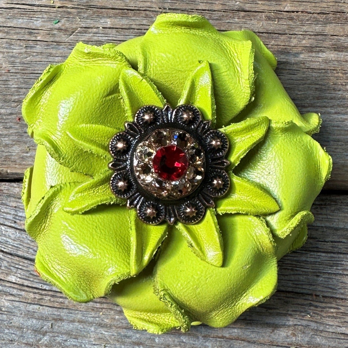 Neon Lime Gardenia Flower With Copper Ruby & Champagne 1" Concho