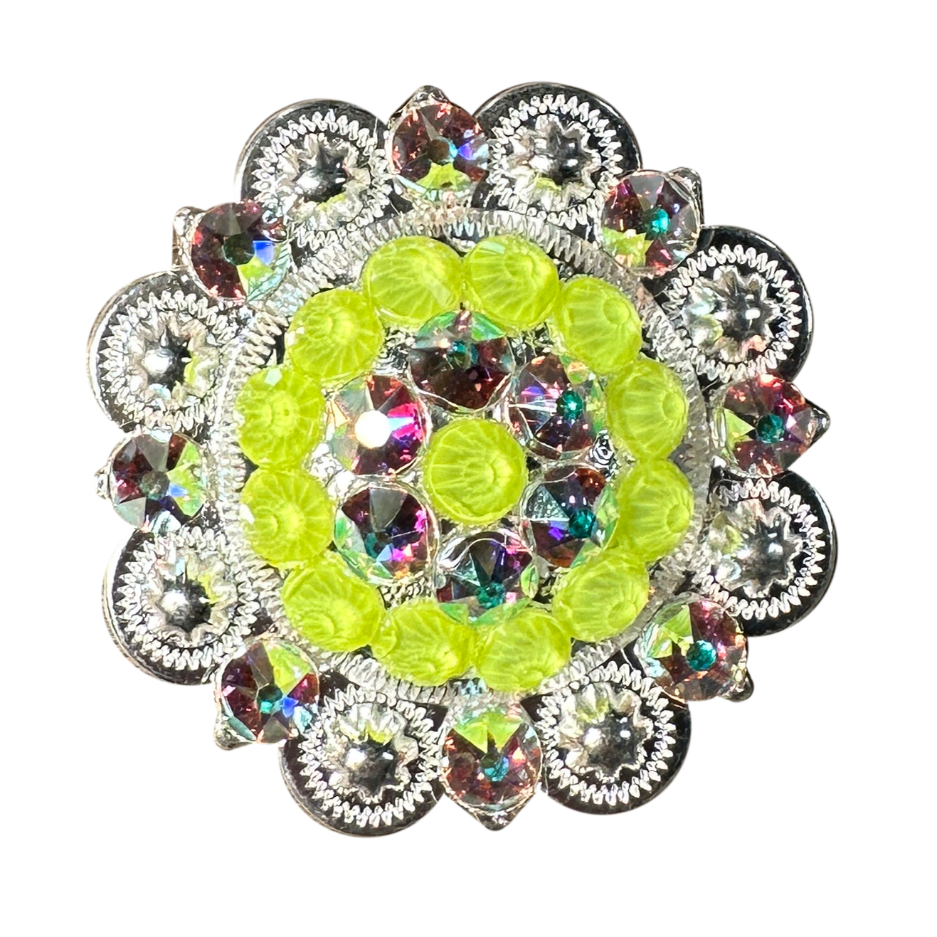 Neon Yellow and AB Bright Silver 2" European Crystal Concho