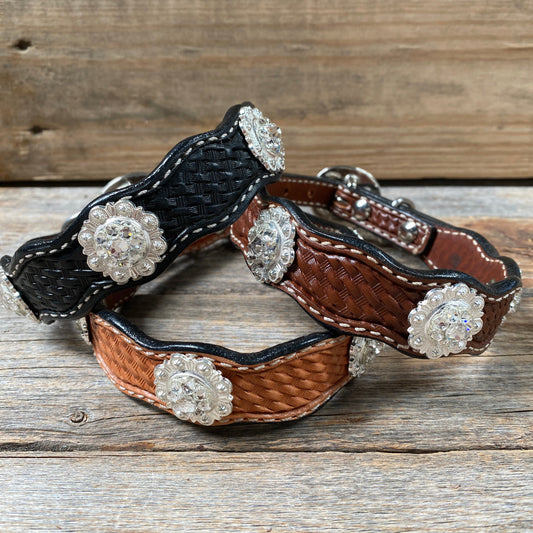 Leather Dog Collar With Bright Silver Clear Conchos 10" to 22" -DC1