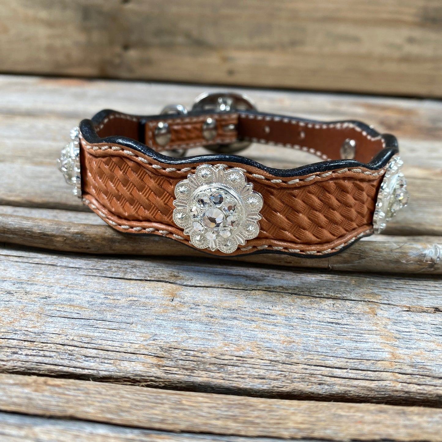 Leather Dog Collar With Bright Silver Clear Conchos 10" to 22" -DC1