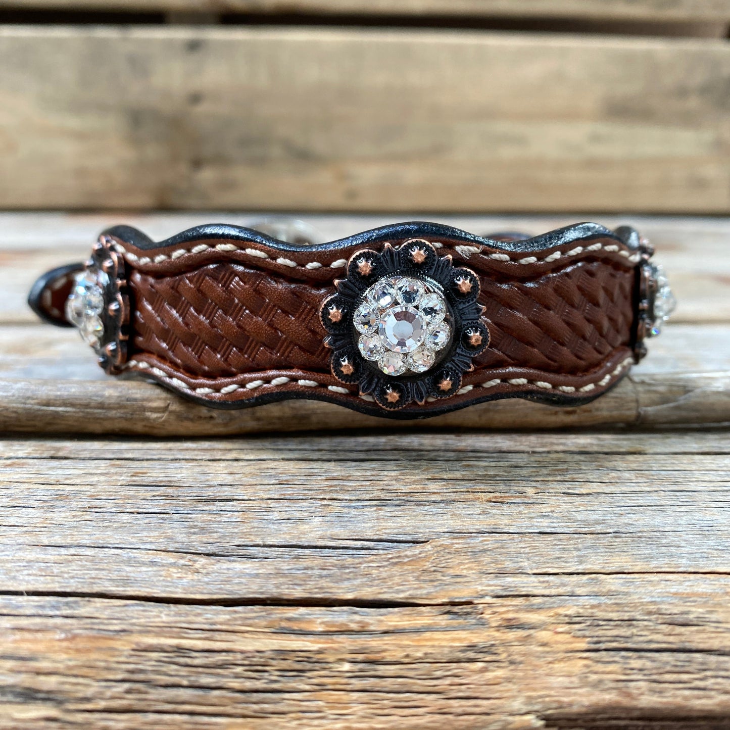 Leather Dog Collar With Copper Clear Conchos 10" to 22" -DC8