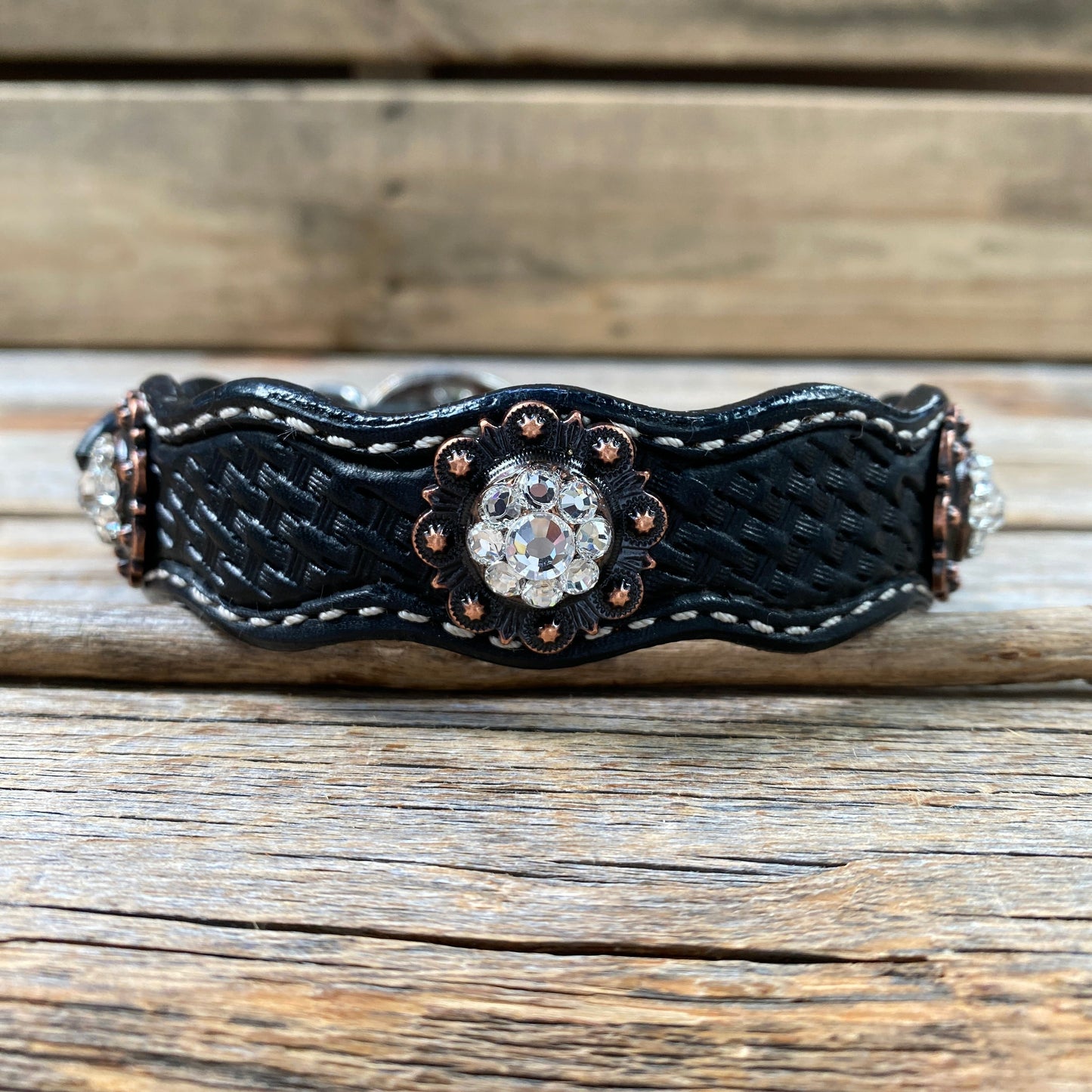 Leather Dog Collar With Copper Clear Conchos 10" to 22" -DC8