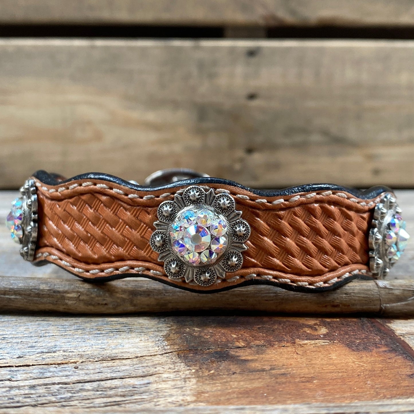 Leather Dog Collar With Antique Silver AB Conchos 10" to 22" -DC42