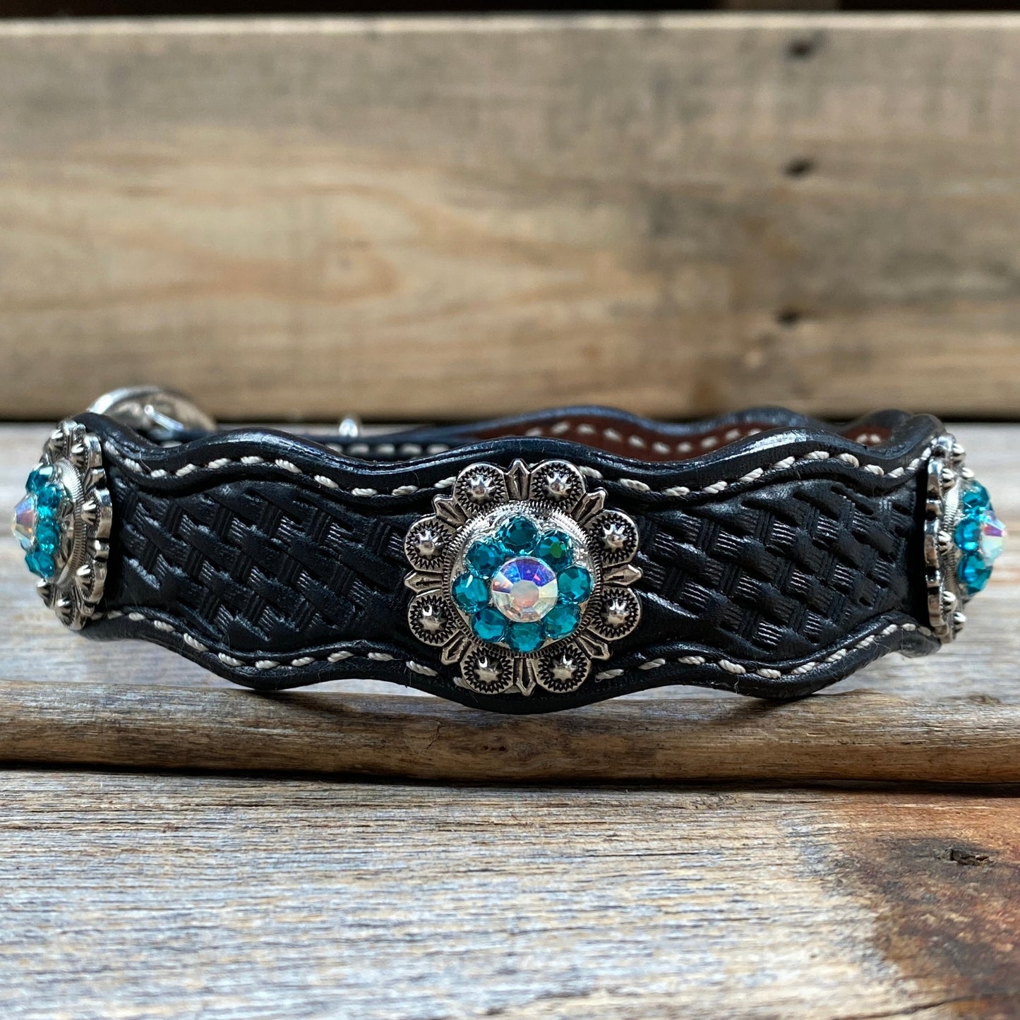 Leather Dog Collar With Antique Silver Teal and AB Conchos 10" to 22" -DC45