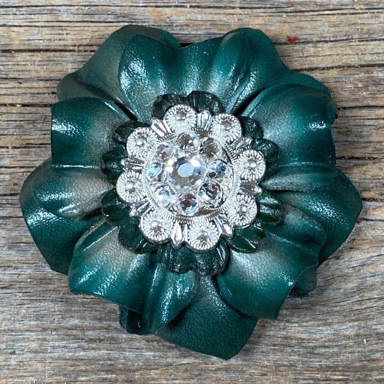 Green Carnation Flower With Bright Silver Clear 1" Concho