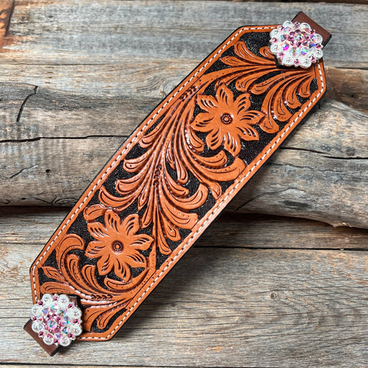 Light Oil Floral Bronc Noseband With Bright Silver Conchos