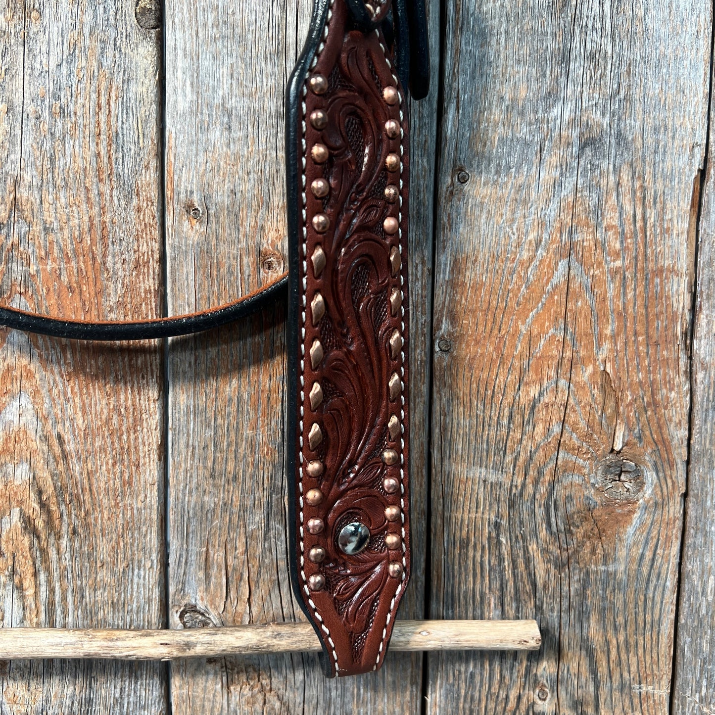 Medium Oil Floral Tooled Copper Buckstitching & Dots Browband Headstall / Bridle
