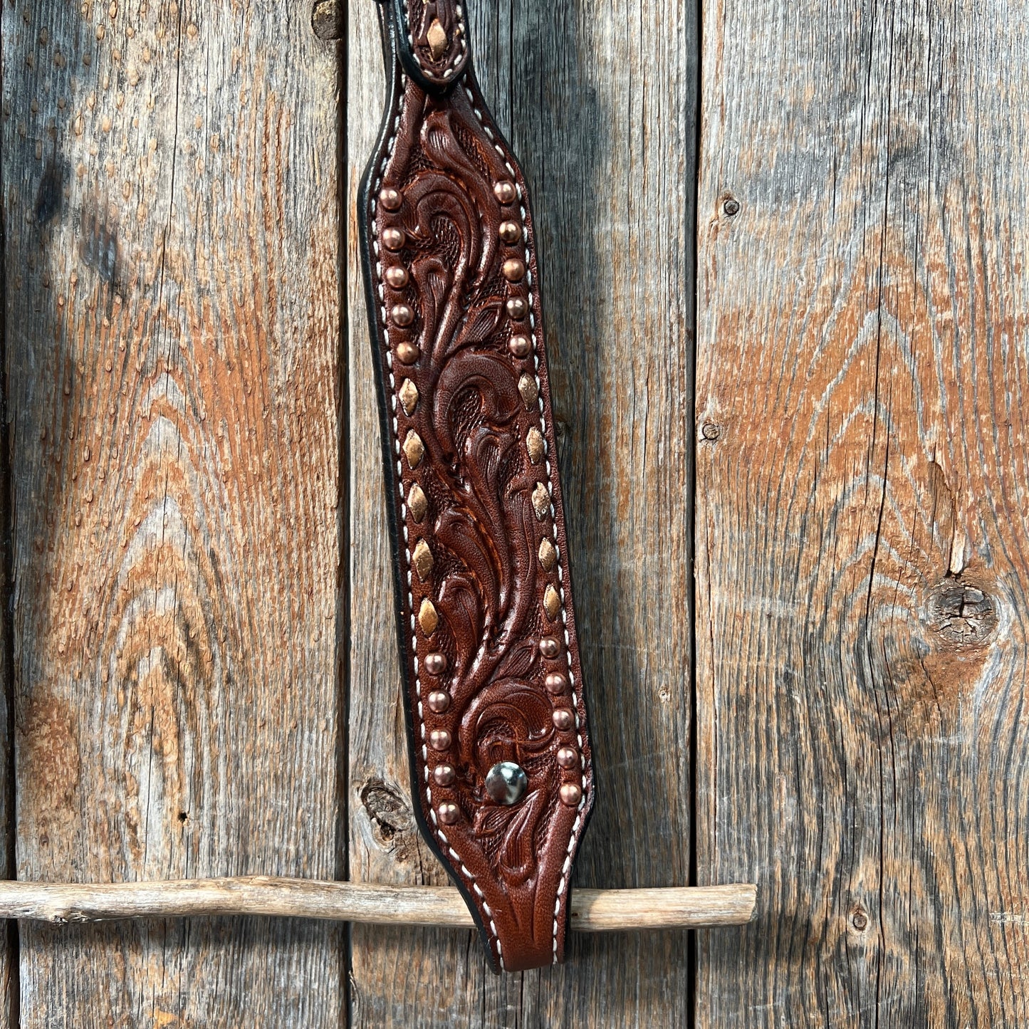 Medium Oil Floral Tooled Copper Buckstitching & Dots One Ear Headstall / Bridle