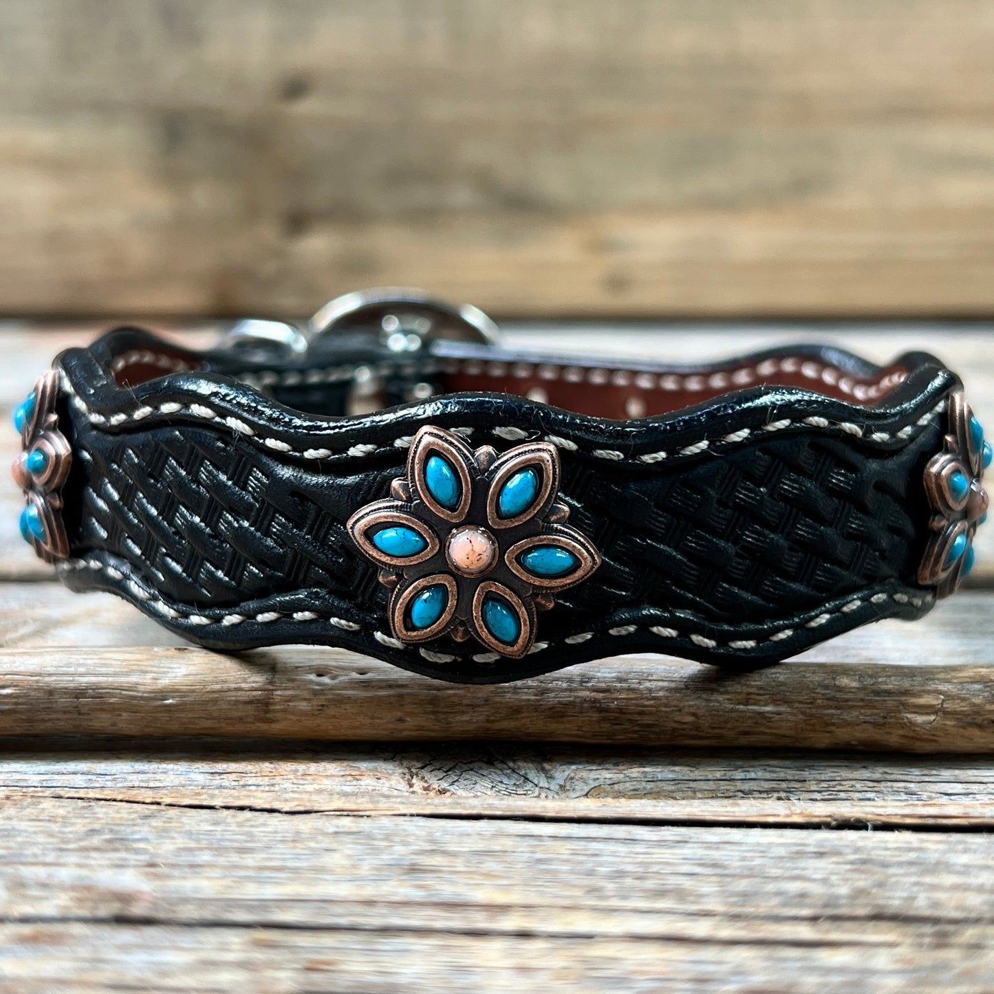 Leather Dog Collar With Copper Turquoise Flower Conchos 10" to 22" W207S -DC56