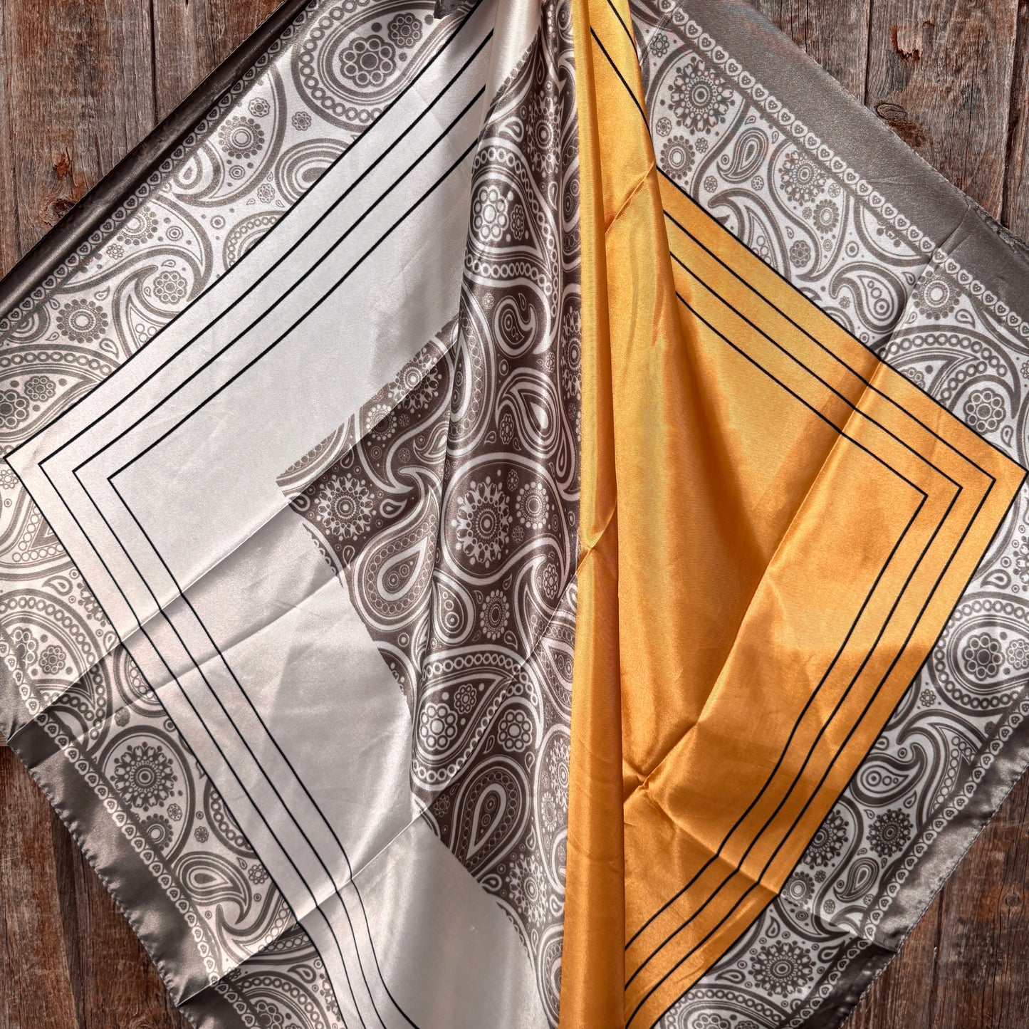 35X35" Soft Grey and Gold Paisley Wild Rag / Scarf WR3389