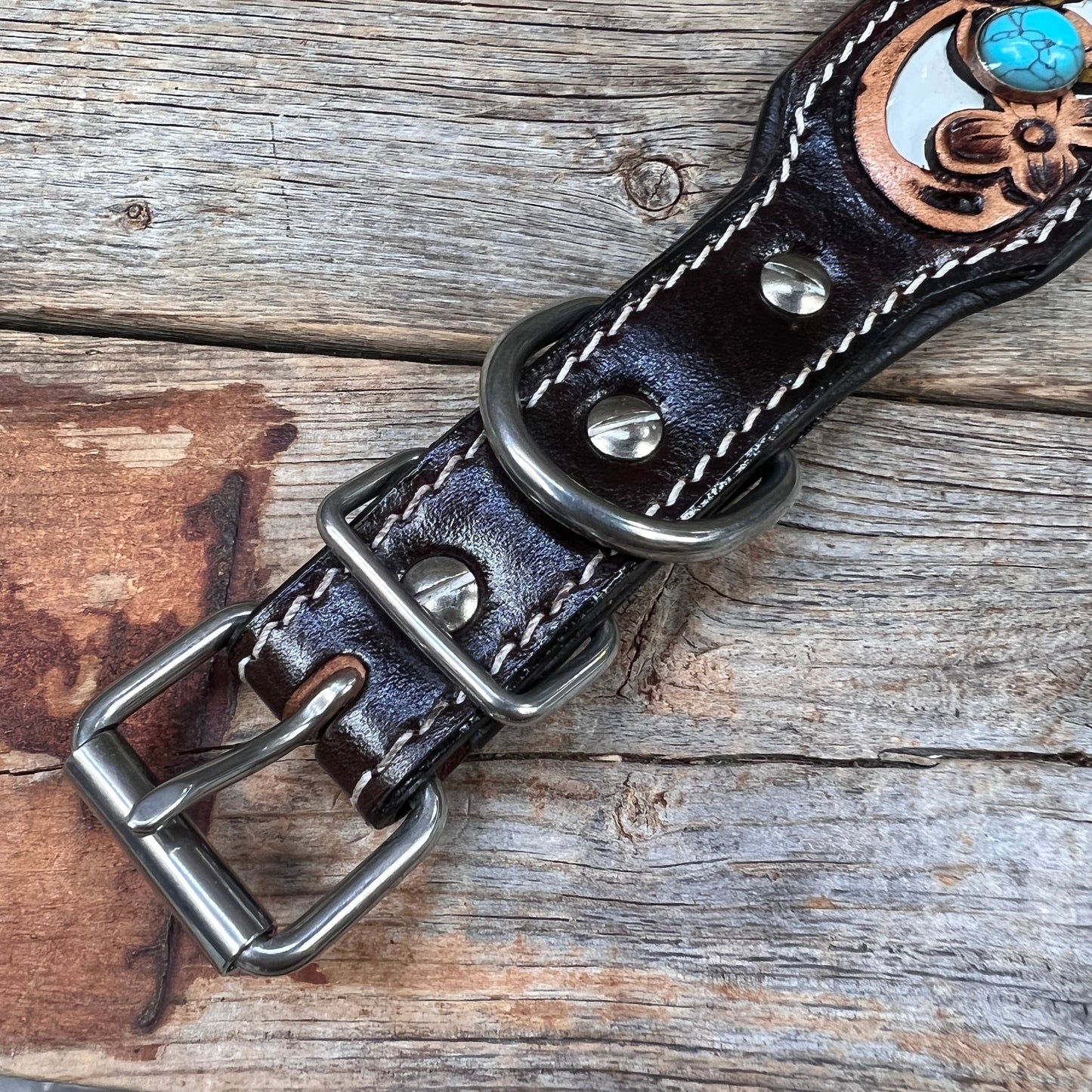 DC65- Floral White Inlay Wide Dog Collar SM-LG Turquoise Cabochons