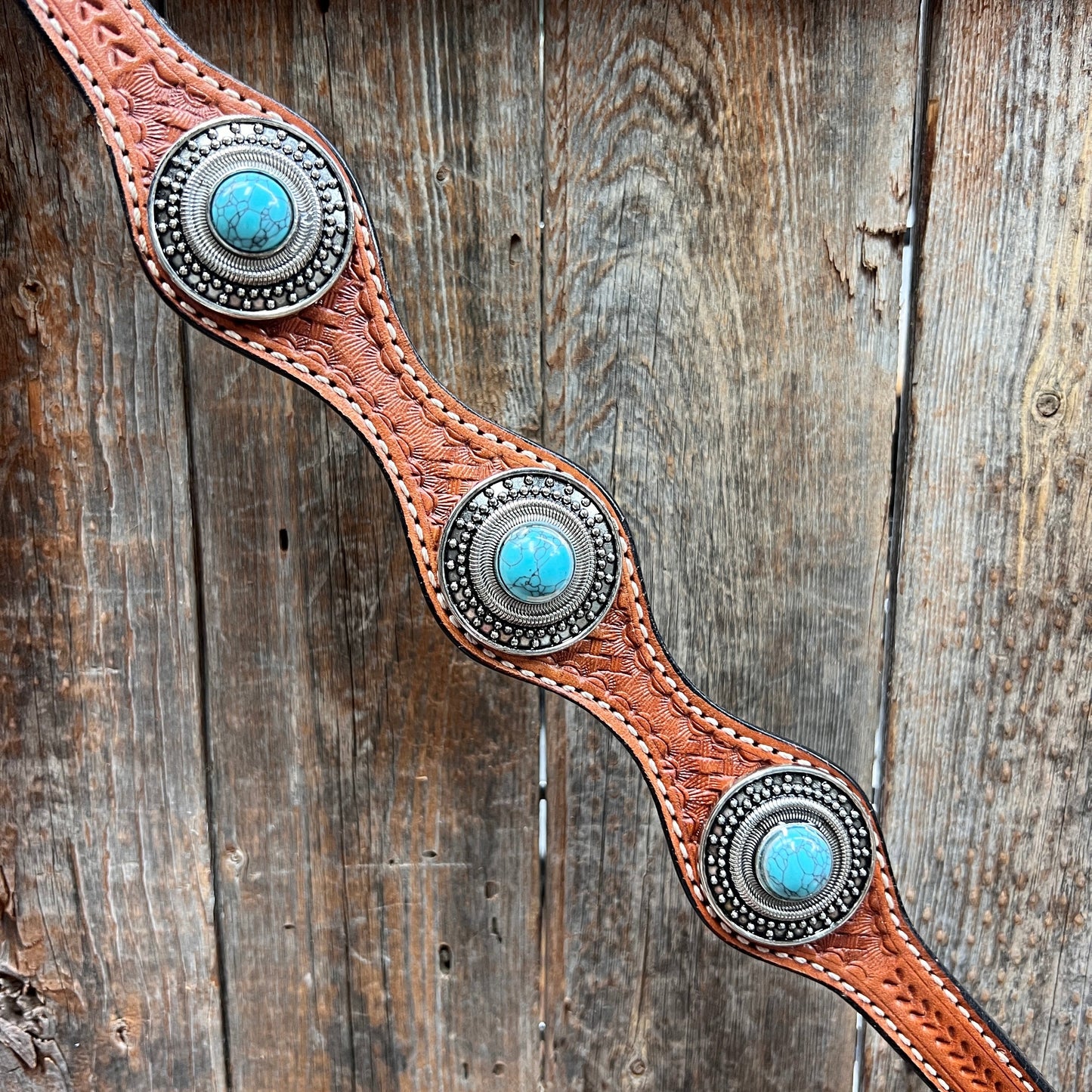 Light Oil Basketweave Turquoise and Dots Browband/One Ear Tack Set #BBBC639