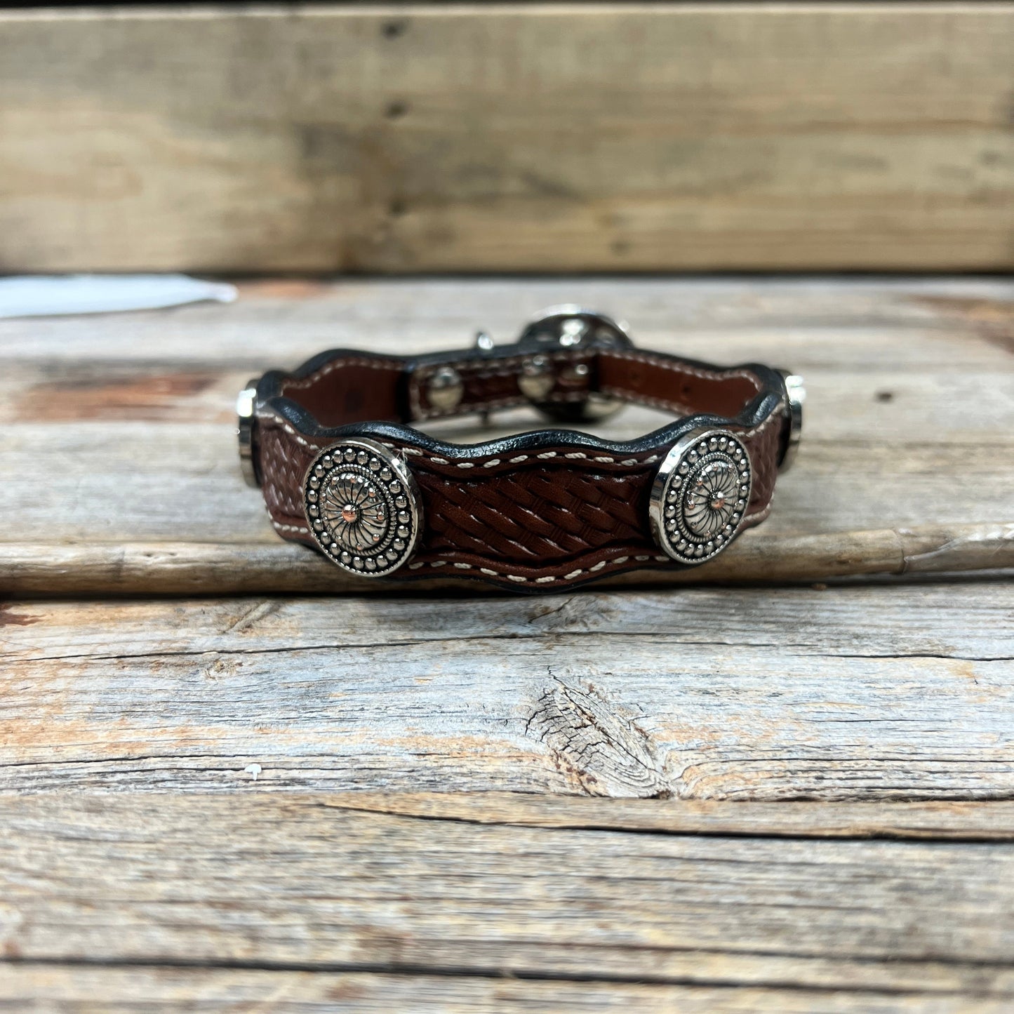 Leather Dog Collar With Flower and Dot Conchos 10" to 22" W230S -DC70