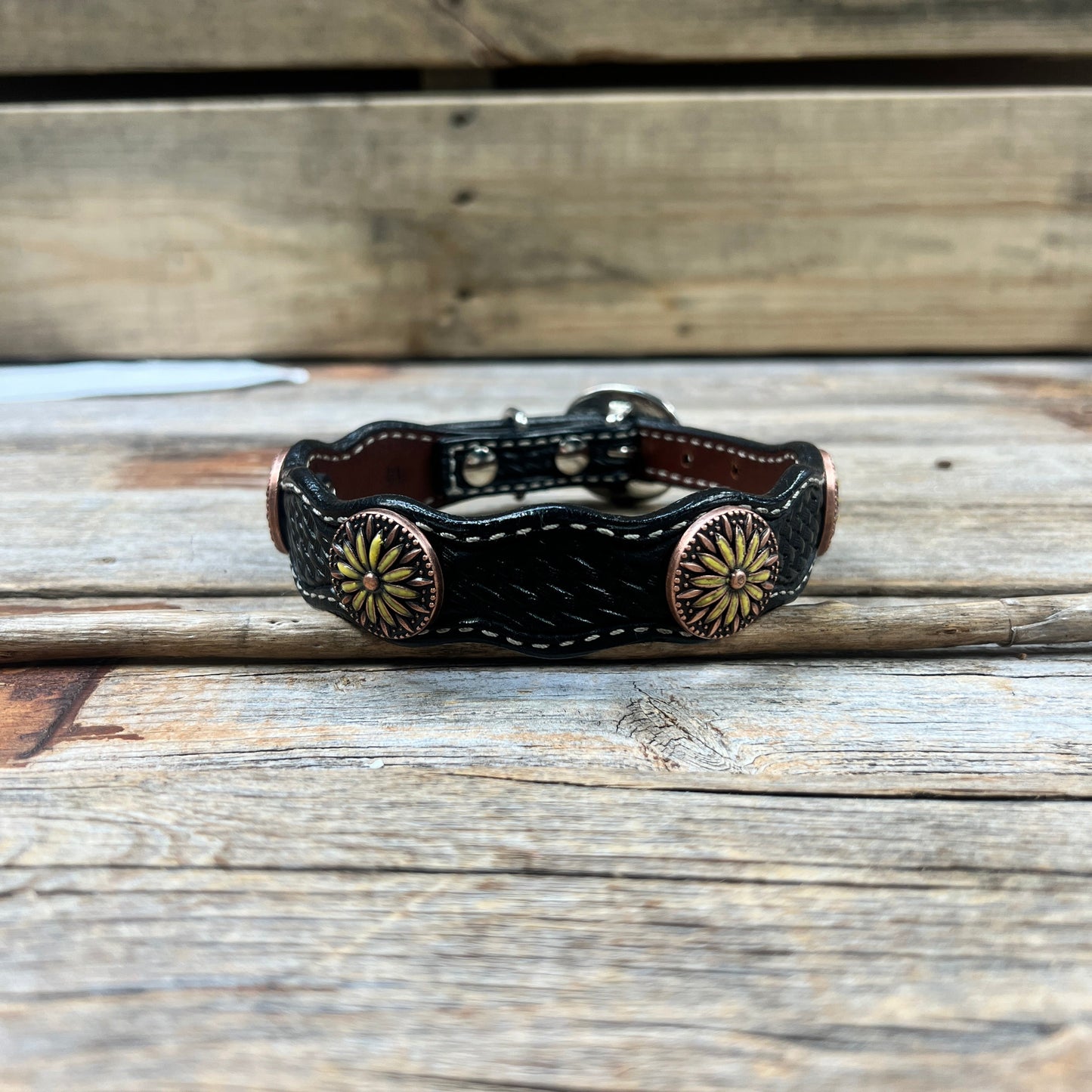 Leather Dog Collar With Yellow Daisy Conchos 10" to 22" W229S -DC71