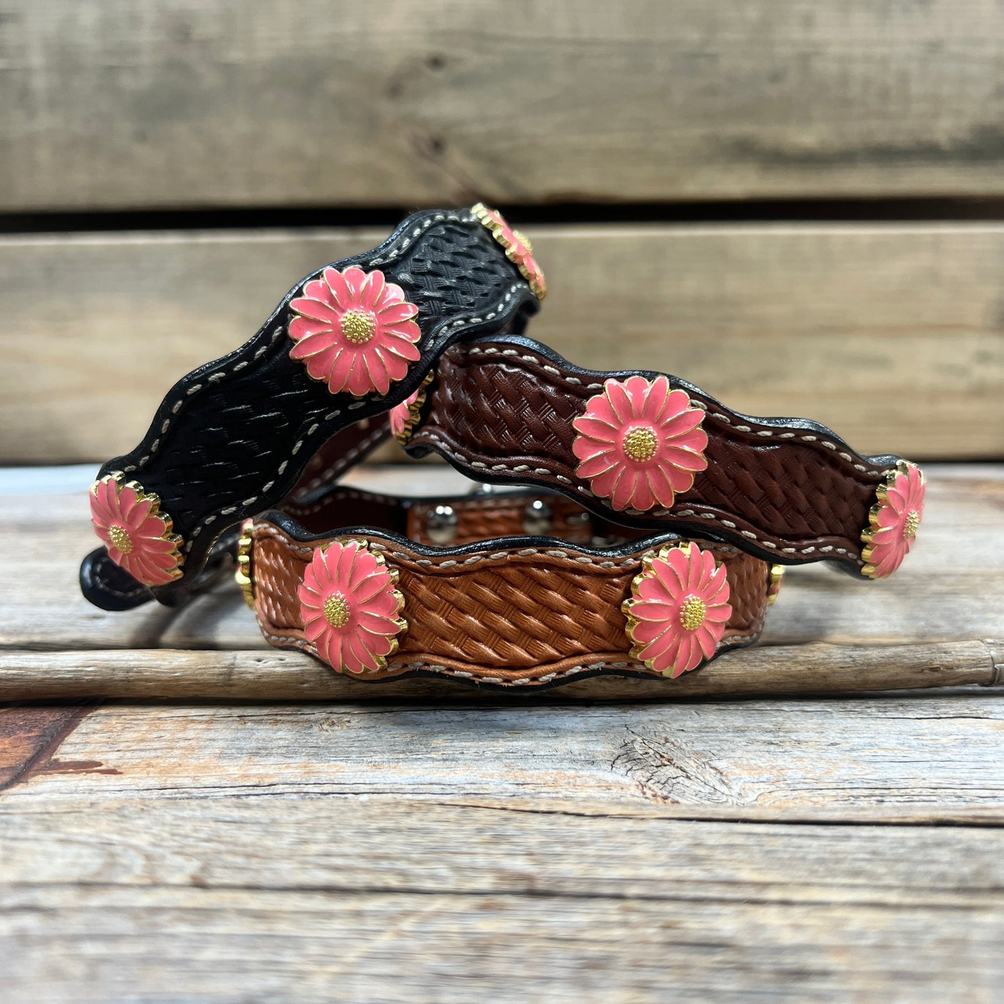 Leather Dog Collar With Pink Flower Conchos 10" to 22" W228S -DC72