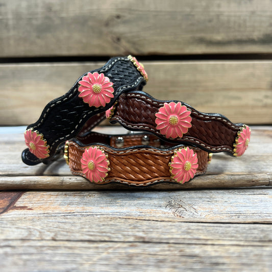 Leather Dog Collar With Pink Flower Conchos 10" to 22" W228S -DC72