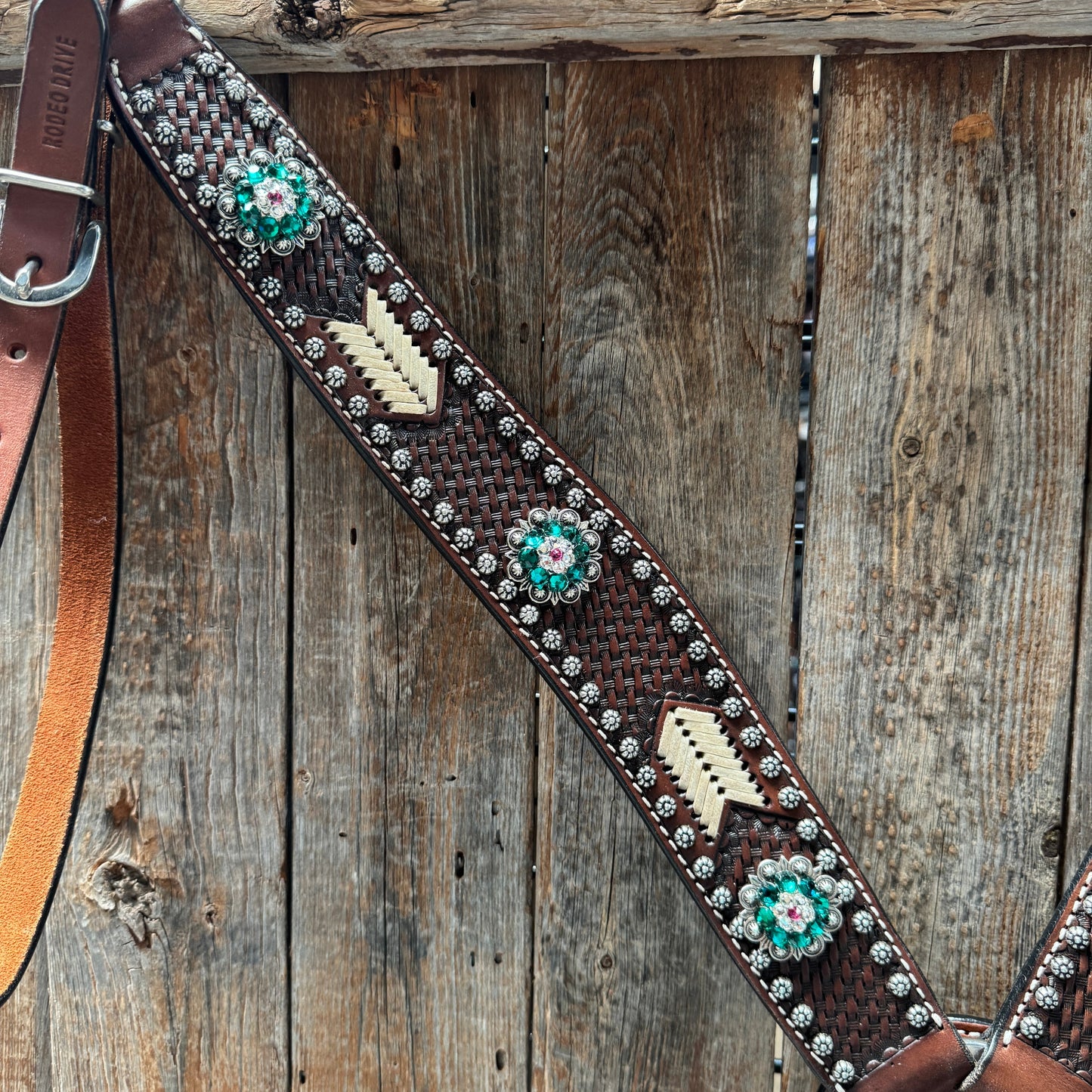 Rawhide Fuchsia, Clear and Emerald One Ear Headstall and Breastcollar Tack Set #OEBC412