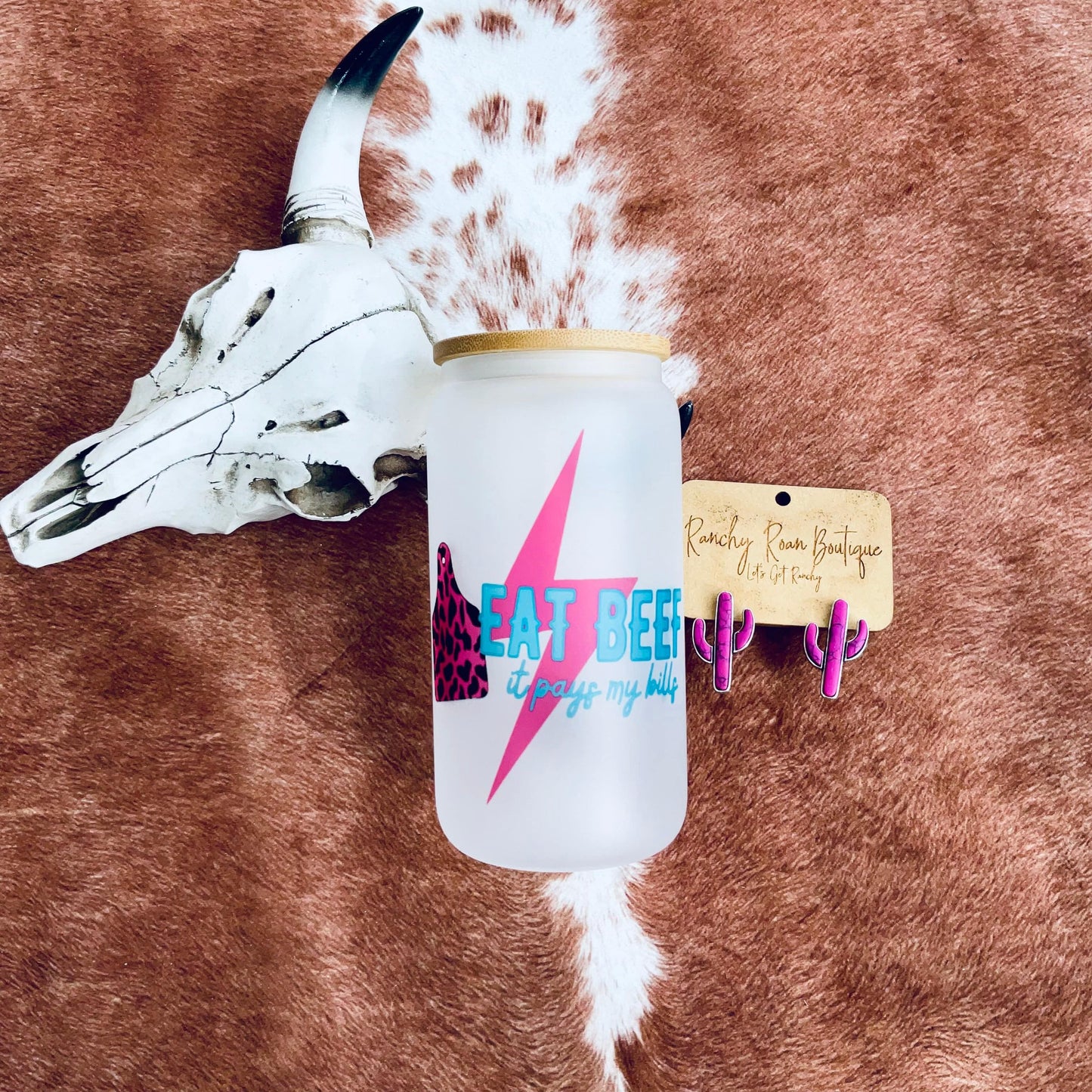 Eat Beef Pink Western Frosted Glass Tumbler