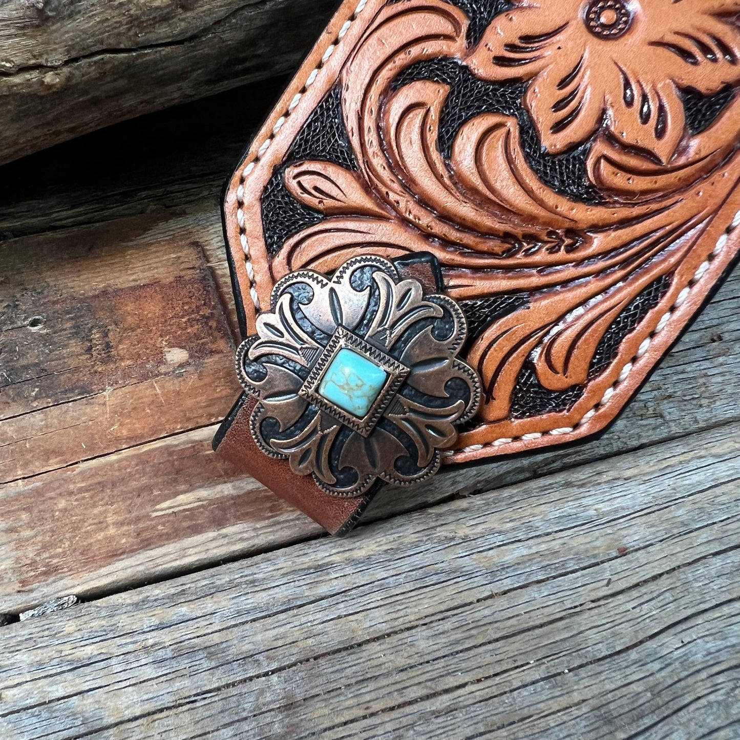Light Oil Floral Bronc Noseband With Copper Fleur-De-Lis Conchos