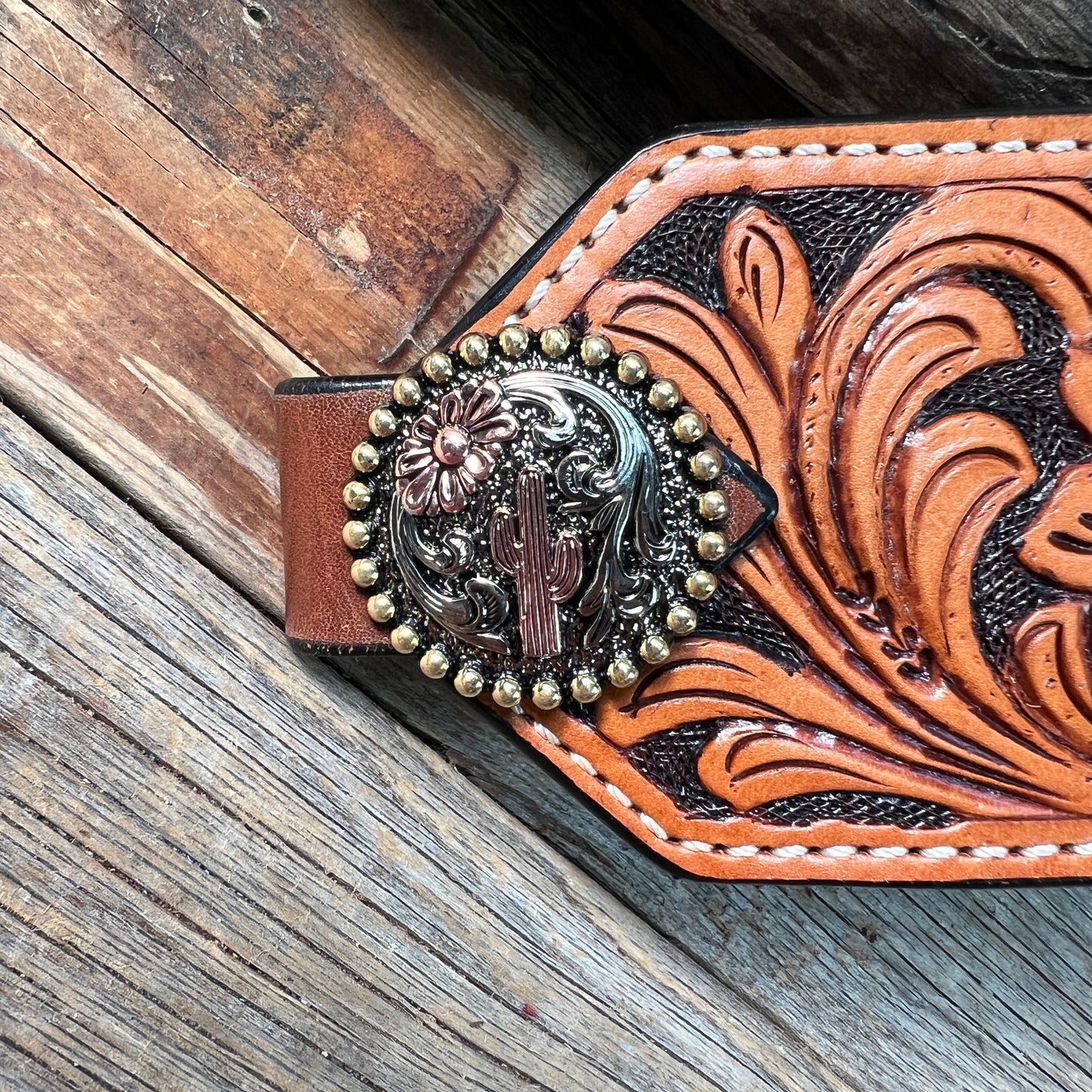 Light Oil Floral Bronc Noseband With Cactus and Flower Conchos