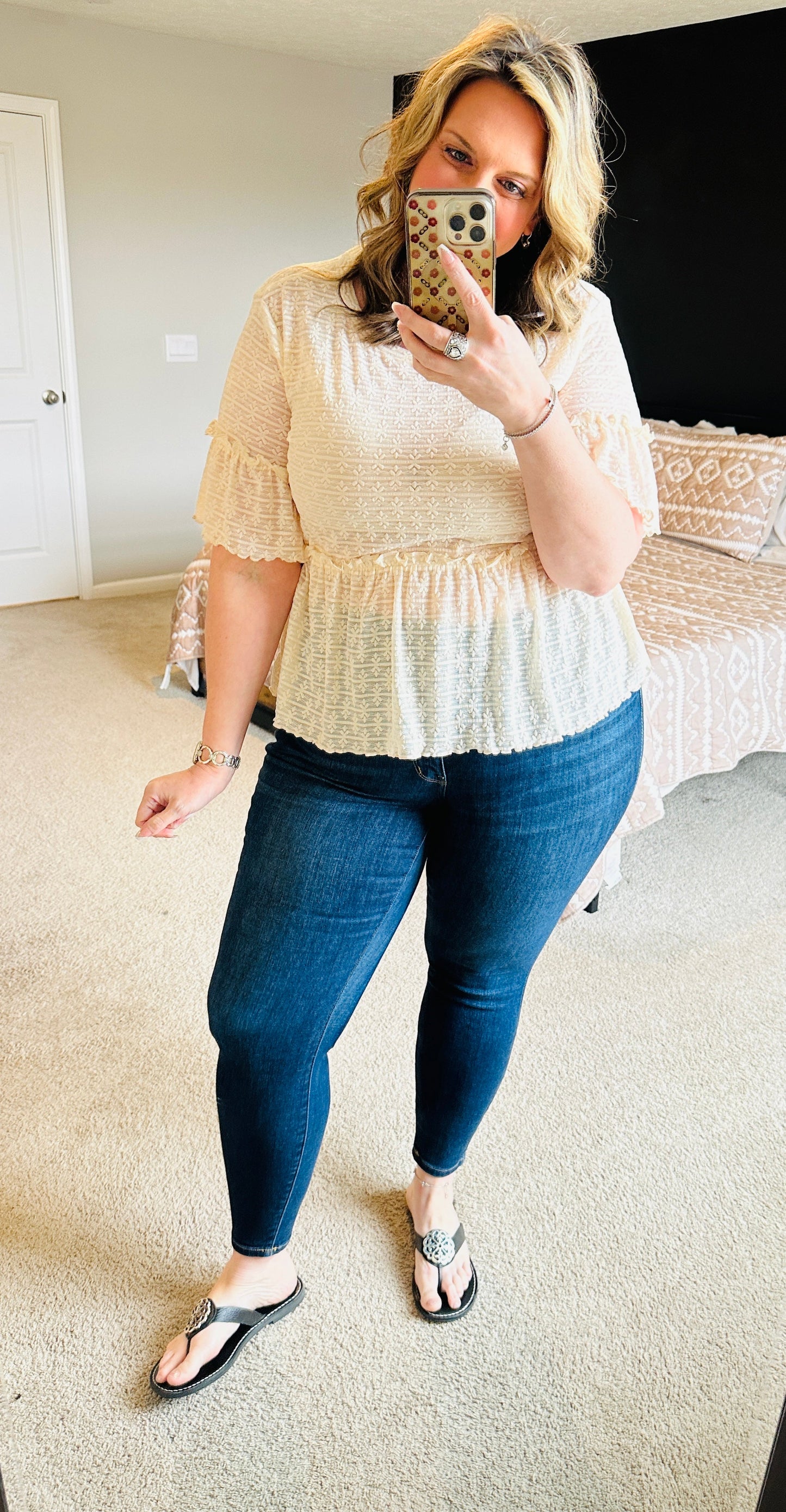 Neutral Lace Ruffle Blouse