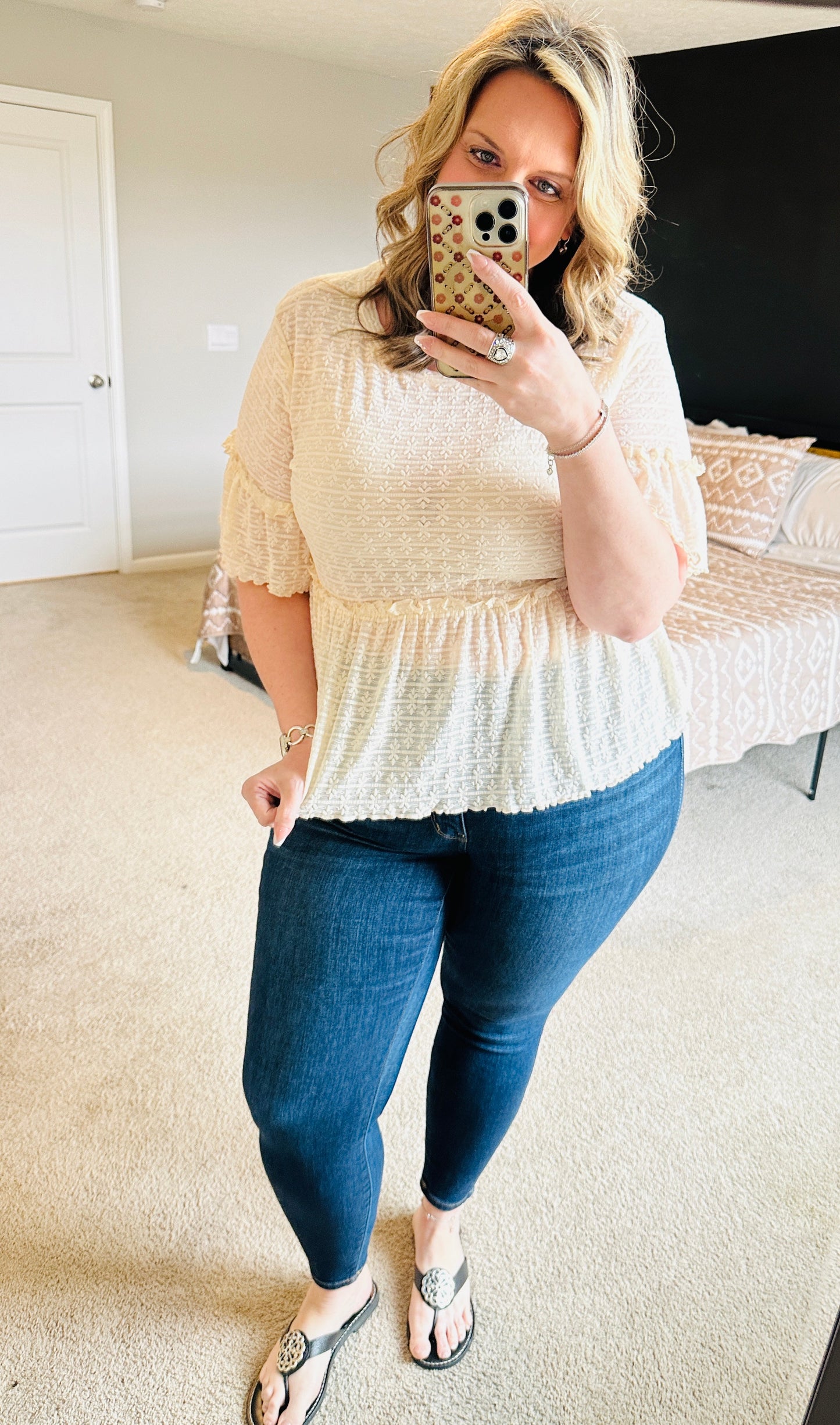Neutral Lace Ruffle Blouse