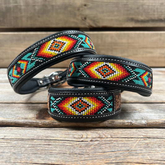 Tooled Turquoise and Black Leather Beaded Dog Collar #DC448
