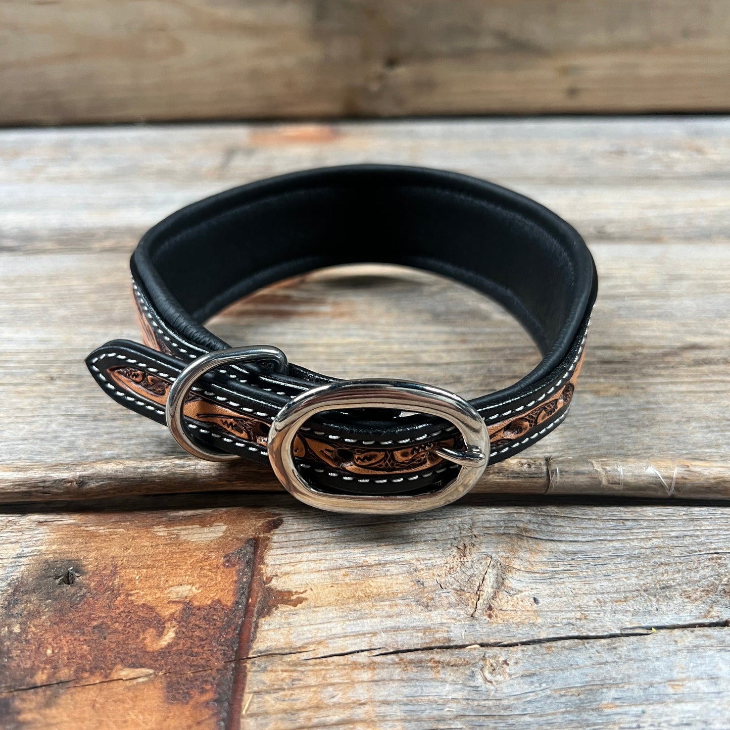 Tooled Turquoise and Black Leather Beaded Dog Collar #DC448