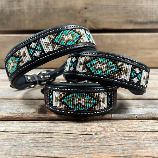 Tooled Turquoise and Gold Leather Beaded Dog Collar #DC449