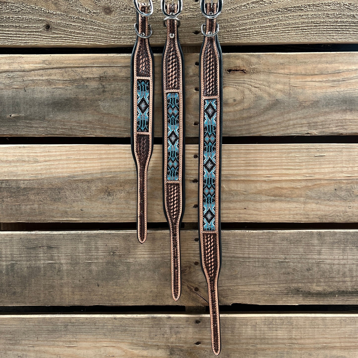 Tooled Light Blue and Black Leather Beaded Dog Collar #DC446