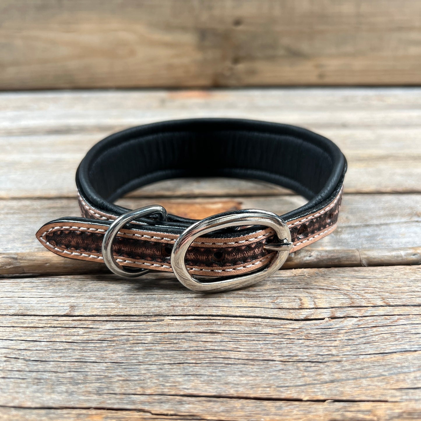 Tooled Light Blue and Black Leather Beaded Dog Collar #DC446