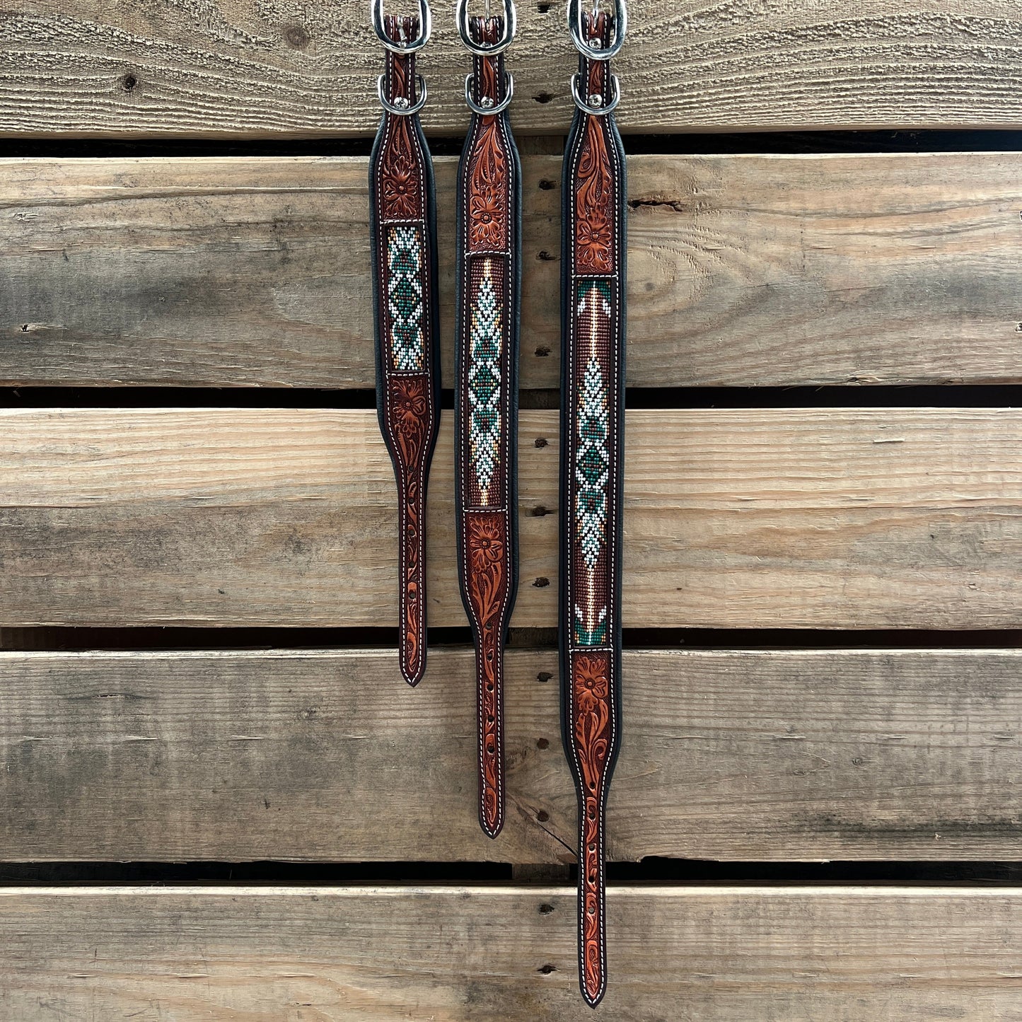 Tooled Green and Brown Leather Beaded Dog Collar #DC447