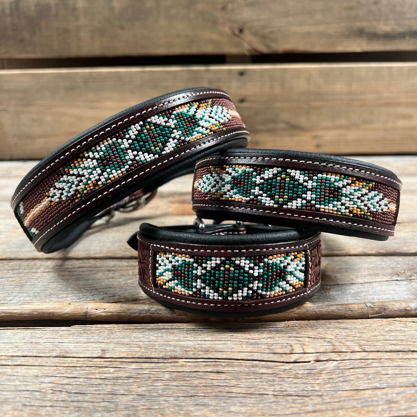 Tooled Green and Brown Leather Beaded Dog Collar #DC447