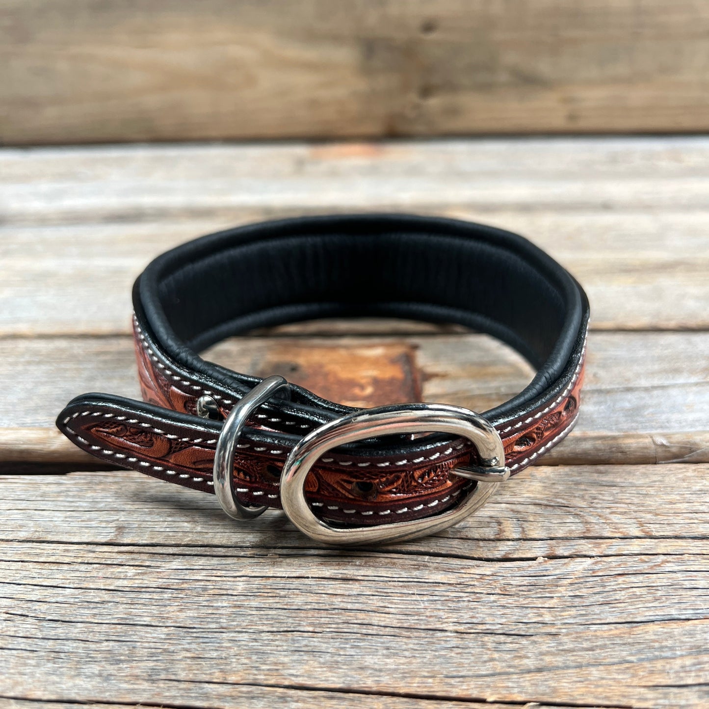 Tooled Green and Brown Leather Beaded Dog Collar #DC447