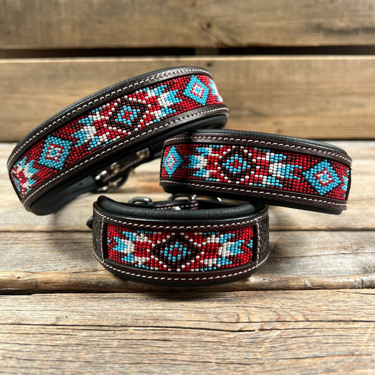 Tooled Red and Blue Leather Beaded Dog Collar #DC442