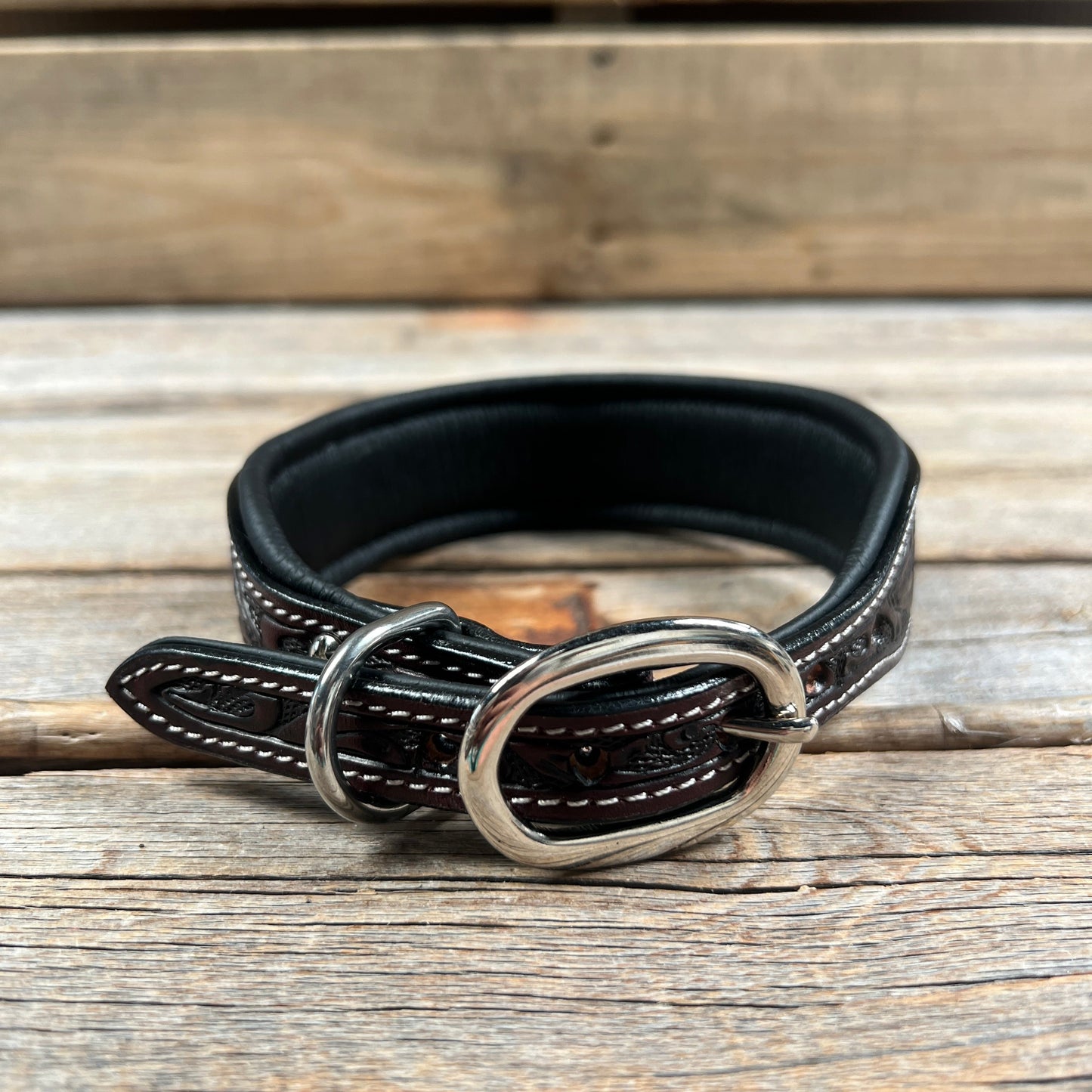 Tooled Red and Blue Leather Beaded Dog Collar #DC442